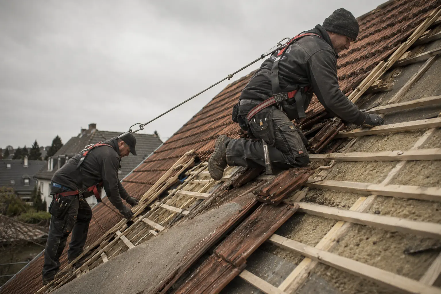 Dachdecker und Zimmerer arbeiten mit Absturzsicherung auf einem deutschen Wohnhausdach